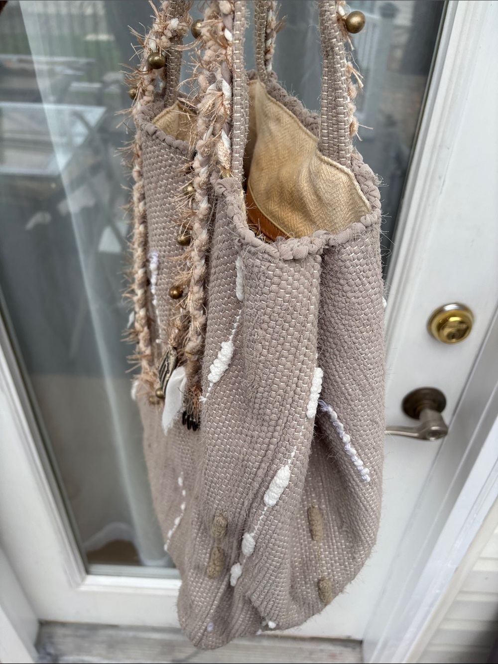Ancient Greek Sandals Taupe Boho Beaded Braided Handles BOHO VASO TOTE BAG - Picture 5 of 14